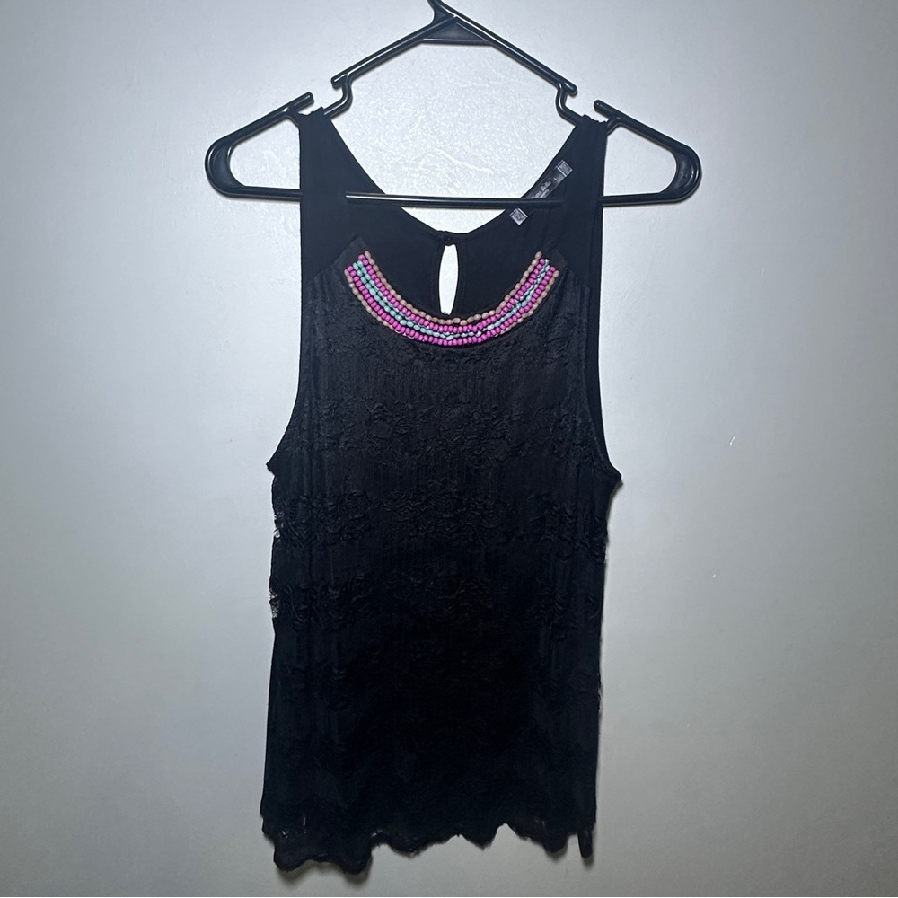 Black Sleeveless Lace Tank Top with Bead Accents at Neck Size Large Whimsigoth